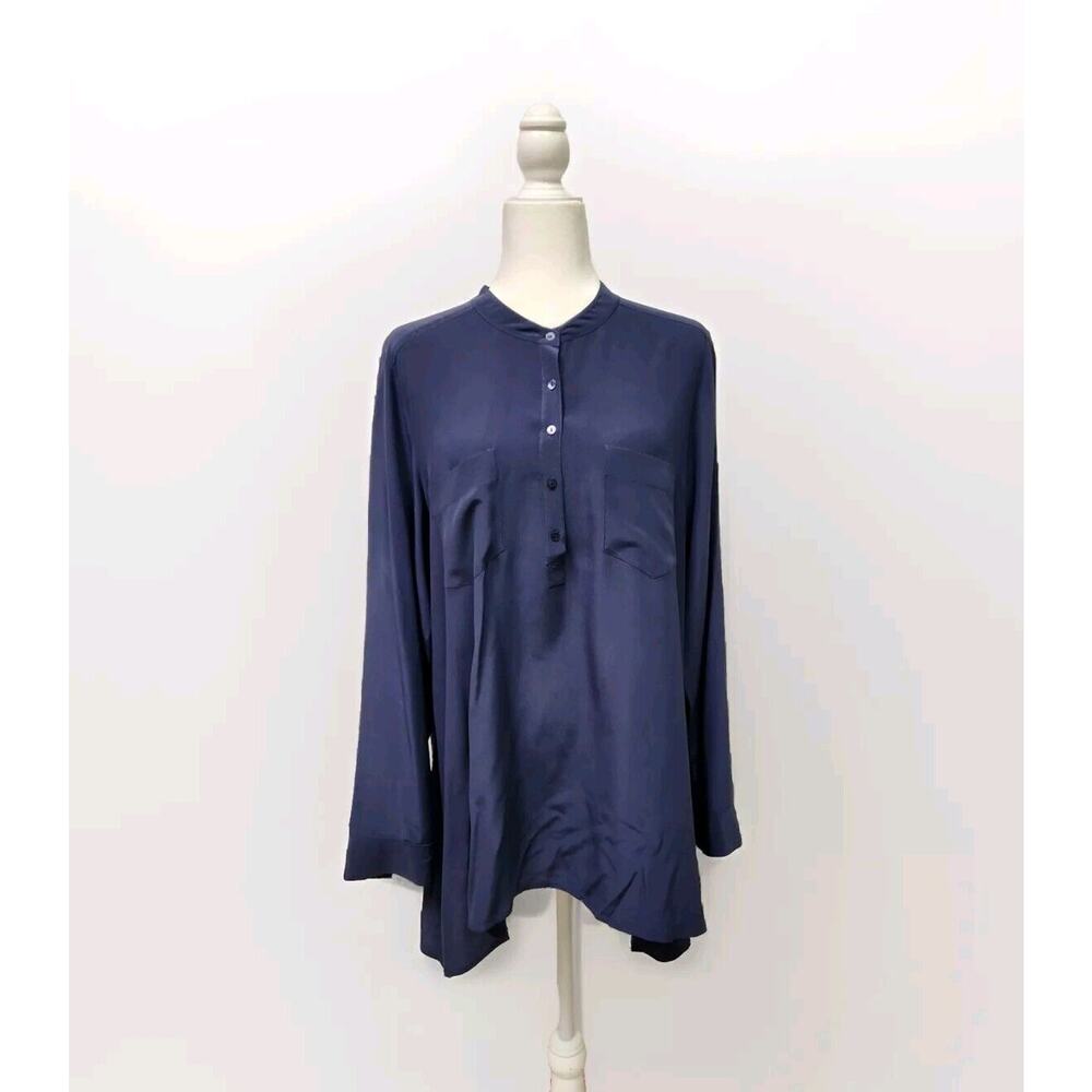 EILEEN FISHER Blouse M Silk Crepe de Chine Tunic Top Long Sleeve Navy